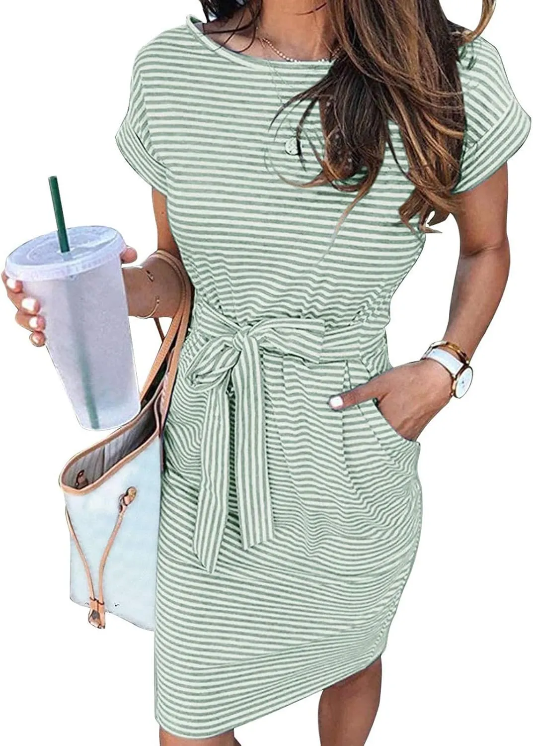 Summer Dresses for Women 2025 Casual Short Sleeve T Shirt Dress Tie Waist Belted Striped Midi Dress with Pockets