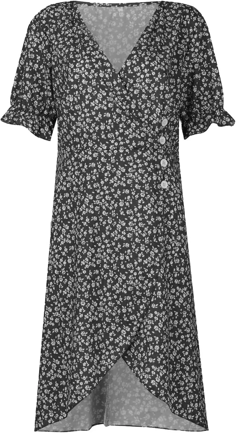 Summer Dresses for Women 2025 Fashion Floral Print V Neck 3/4 Sleeve Dress High Waist Boho Dresses Wrap Maxi Dress