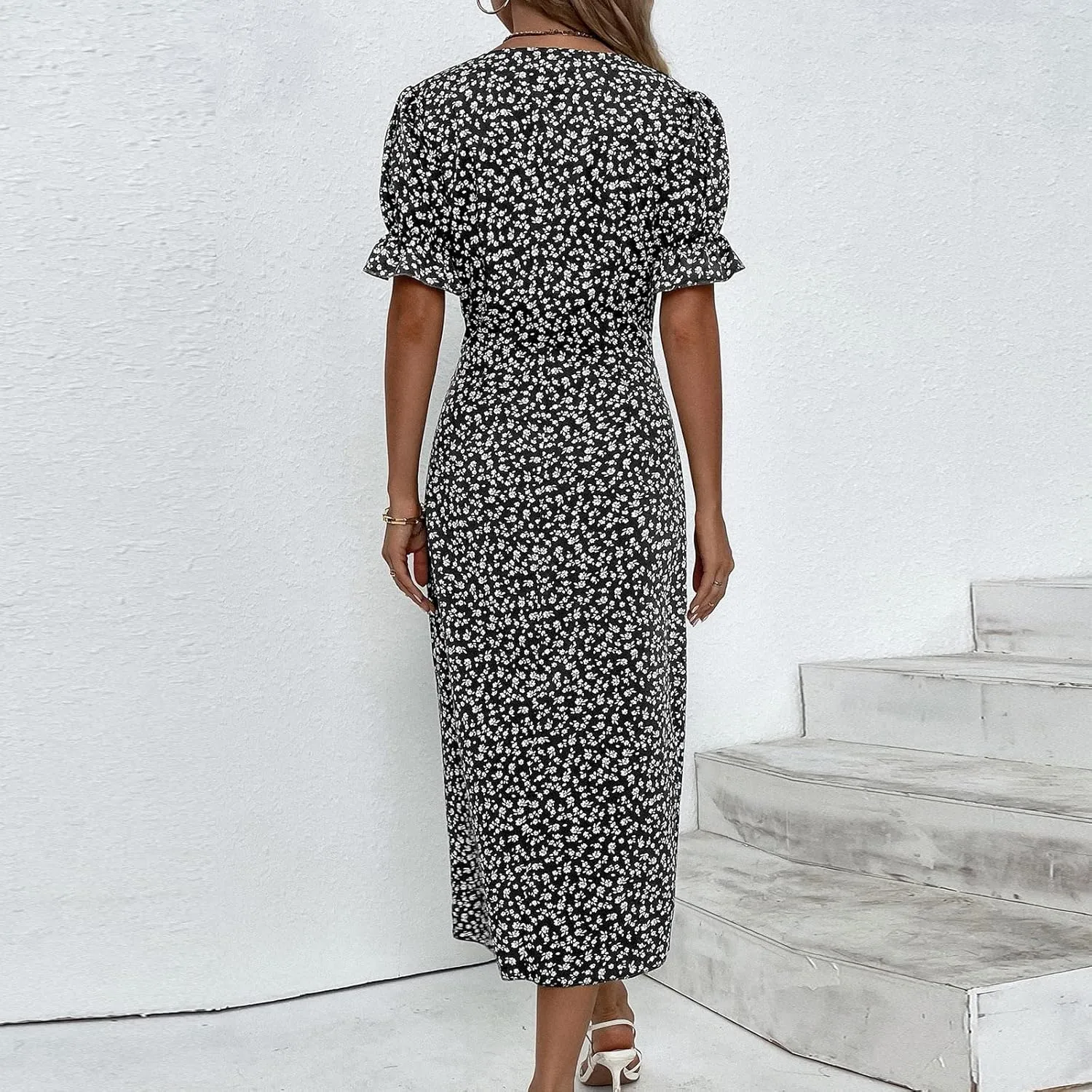 Summer Dresses for Women 2025 Fashion Floral Print V Neck 3/4 Sleeve Dress High Waist Boho Dresses Wrap Maxi Dress