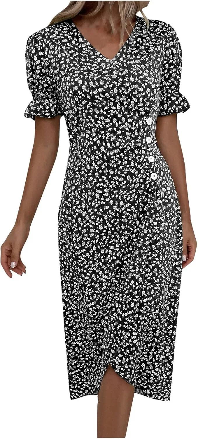 Summer Dresses for Women 2025 Fashion Floral Print V Neck 3/4 Sleeve Dress High Waist Boho Dresses Wrap Maxi Dress