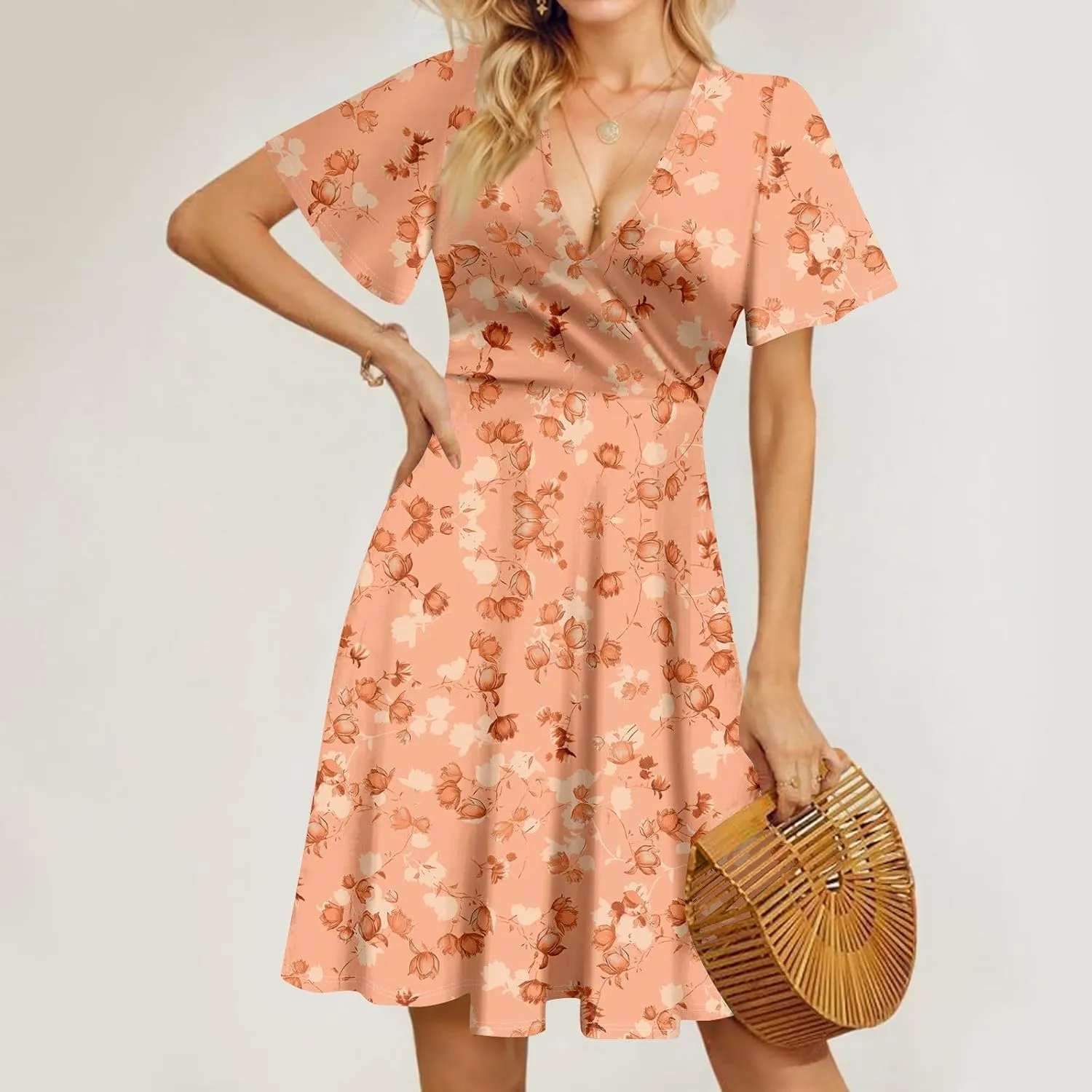 Summer Dresses for Women 2025 Short Flared Sleeve Casual Wrap Dress Sexy V Neck Floral Sundresses for Women