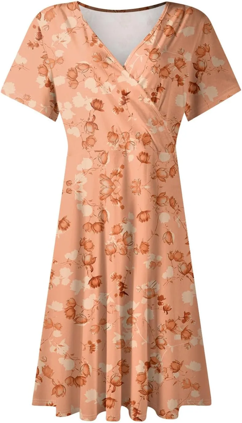Summer Dresses for Women 2025 Short Flared Sleeve Casual Wrap Dress Sexy V Neck Floral Sundresses for Women