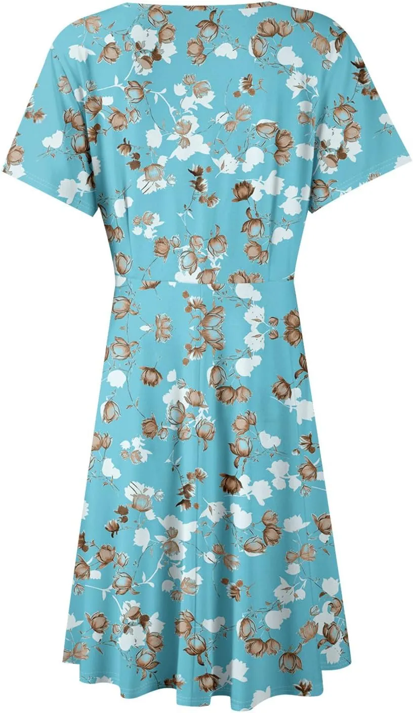 Summer Dresses for Women 2025 Short Flared Sleeve Casual Wrap Dress Sexy V Neck Floral Sundresses for Women
