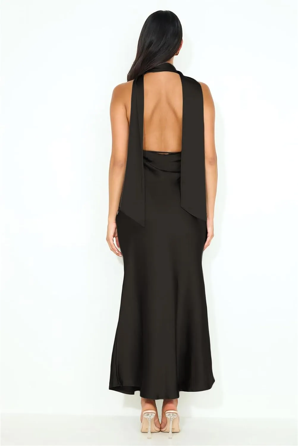 Summer Satin Halter Deep V Neck Backless Maxi Dresses for Women 2025 Silky Sleeveless Open Back Wedding Guest Long Dress