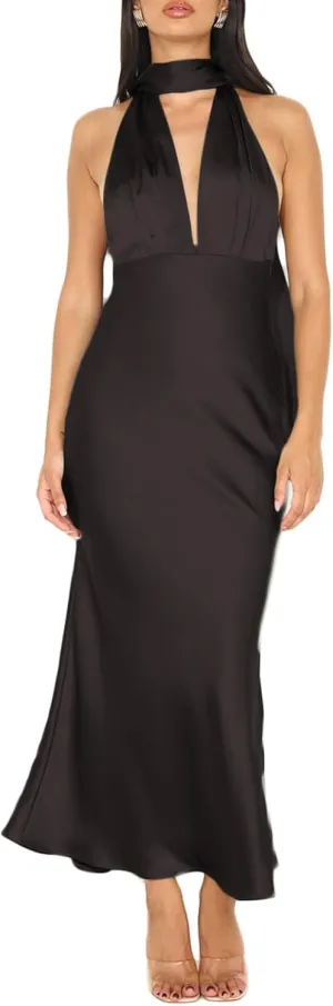 Summer Satin Halter Deep V Neck Backless Maxi Dresses for Women 2025 Silky Sleeveless Open Back Wedding Guest Long Dress