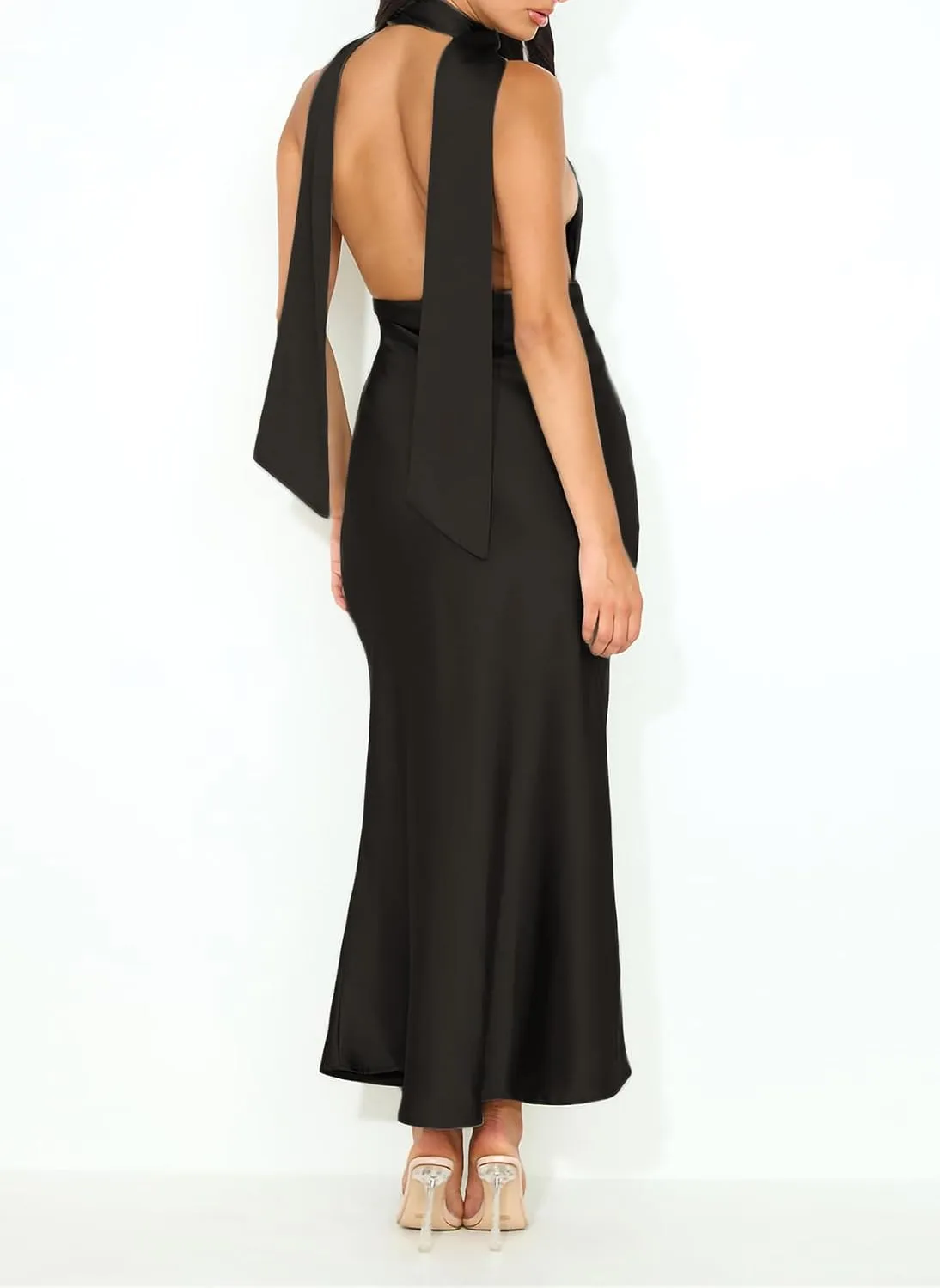 Summer Satin Halter Deep V Neck Backless Maxi Dresses for Women 2025 Silky Sleeveless Open Back Wedding Guest Long Dress