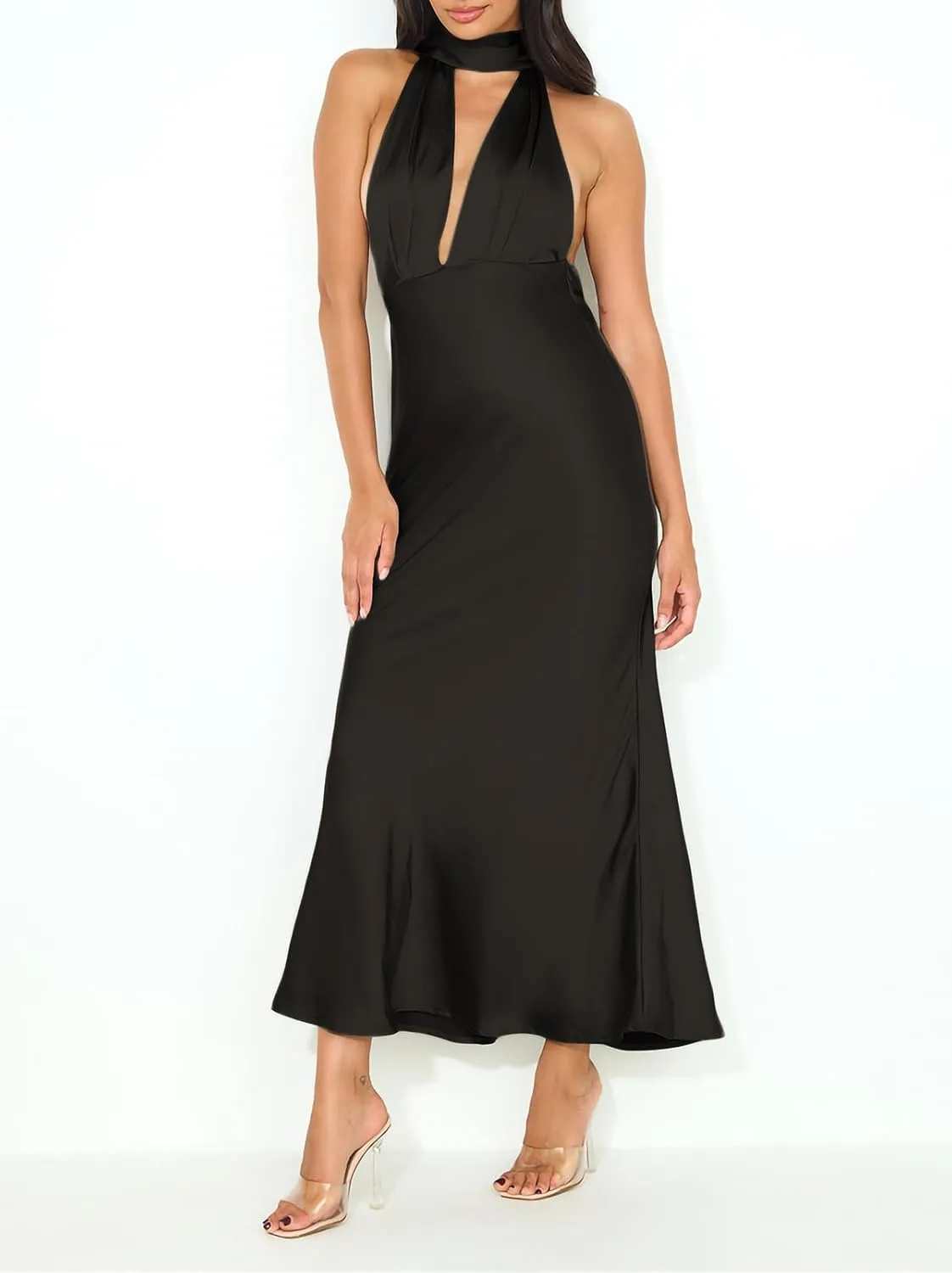 Summer Satin Halter Deep V Neck Backless Maxi Dresses for Women 2025 Silky Sleeveless Open Back Wedding Guest Long Dress