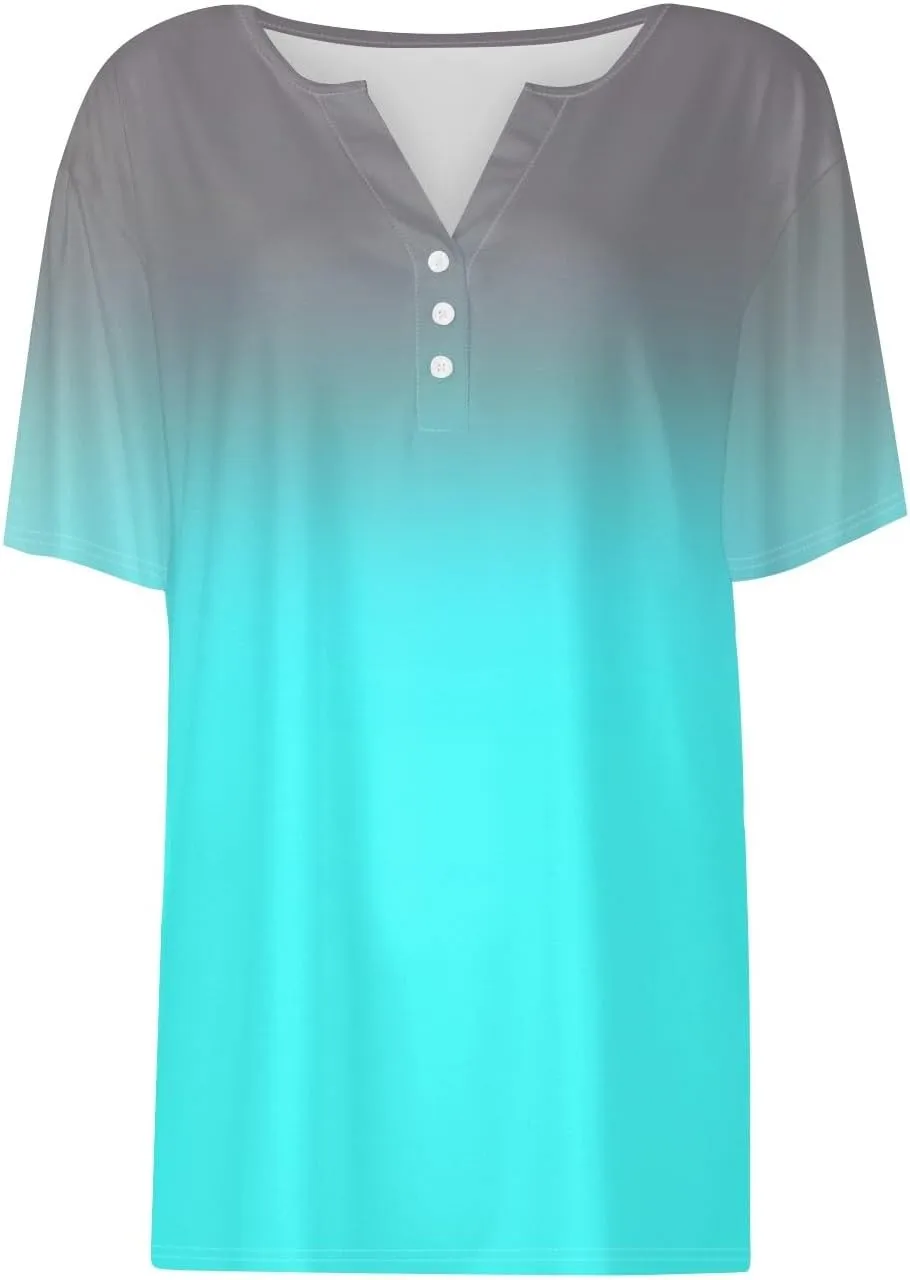 Summer Tops for Women 2025 Button V Neck Boho Short Sleeve Shirts Casual Loose Comfy Tunic Trendy Pullover