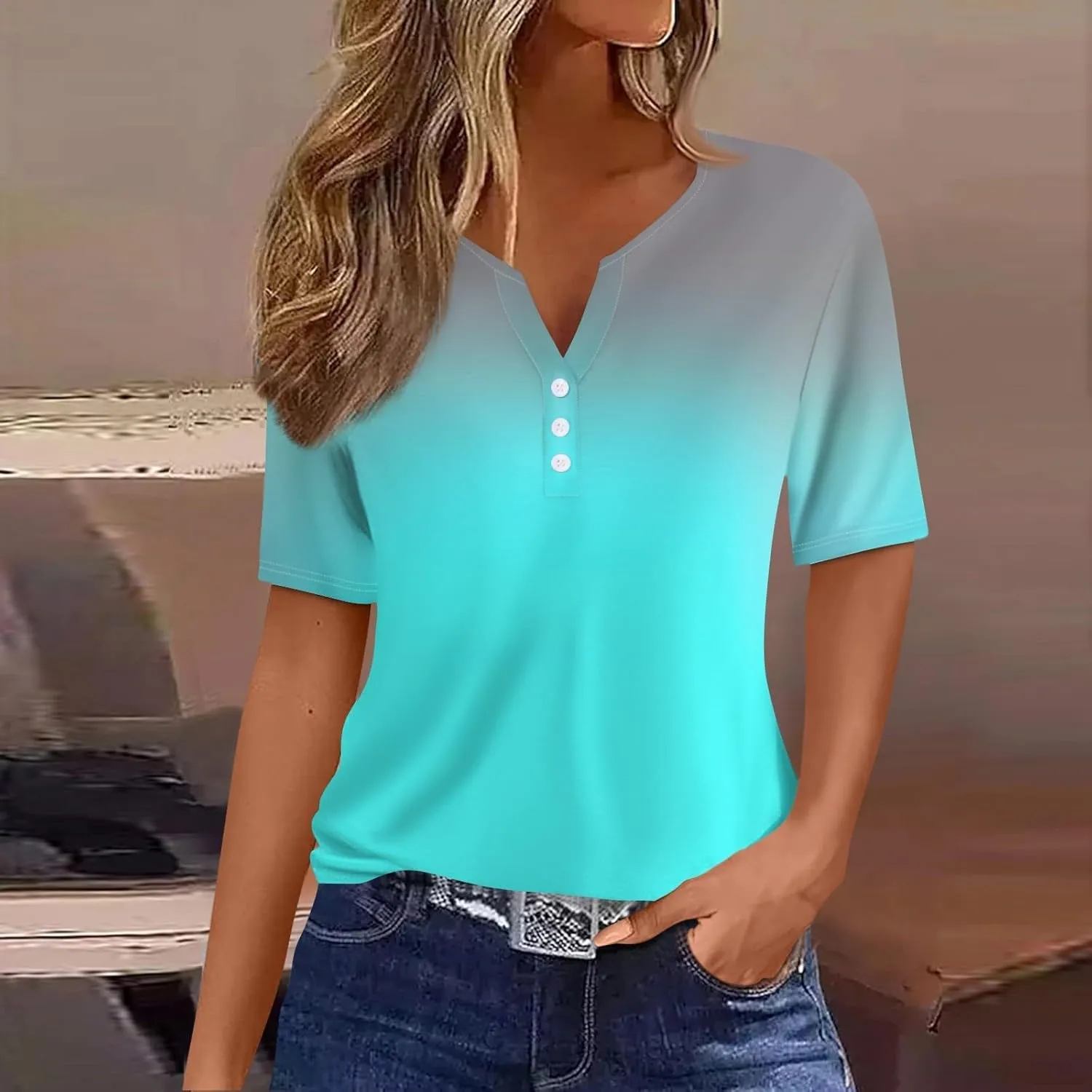 Summer Tops for Women 2025 Button V Neck Boho Short Sleeve Shirts Casual Loose Comfy Tunic Trendy Pullover