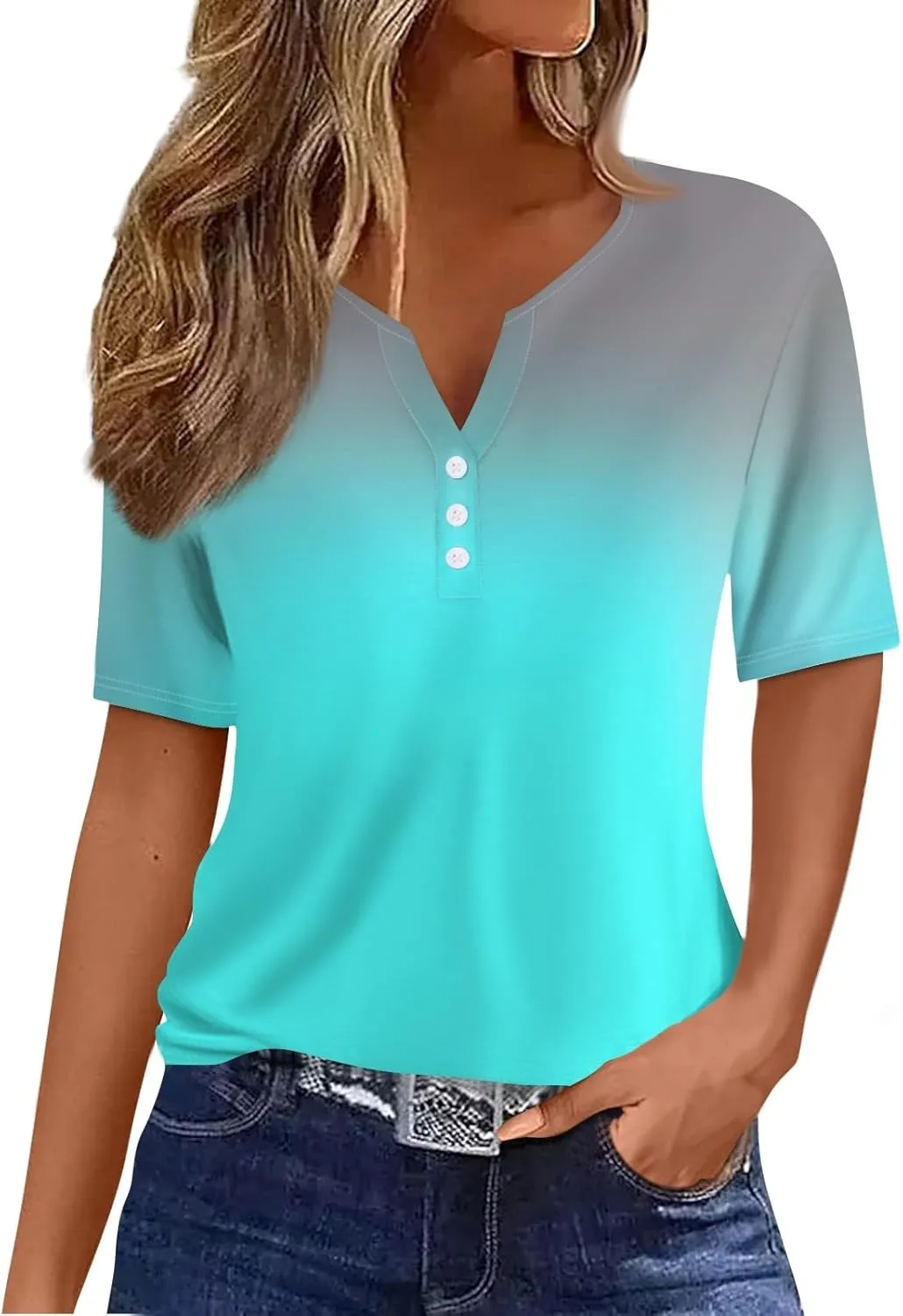 Summer Tops for Women 2025 Button V Neck Boho Short Sleeve Shirts Casual Loose Comfy Tunic Trendy Pullover