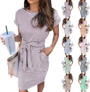 T Shirt Dresses for Women 2025 Casual Short Sleeve T Shirt Dress Tie Waist Belted Pencil Midi Dress with Pockets