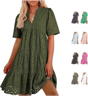 The Beauty North Eyelet Dress, Casual Eyelet Lace Dress for Women, Hollow Out Lace Ruffle Casual Mini