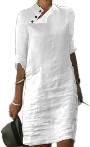 TIAFORD Half Sleeve Cotton Linen Dress for Women Casual Loose Solid Stand Collar Button Knee Length Linen Shift Dress