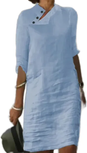 TIAFORD Half Sleeve Cotton Linen Dress for Women Casual Loose Solid Stand Collar Button Knee Length Linen Shift Dress