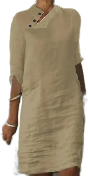 TIAFORD Half Sleeve Cotton Linen Dress for Women Casual Loose Solid Stand Collar Button Knee Length Linen Shift Dress