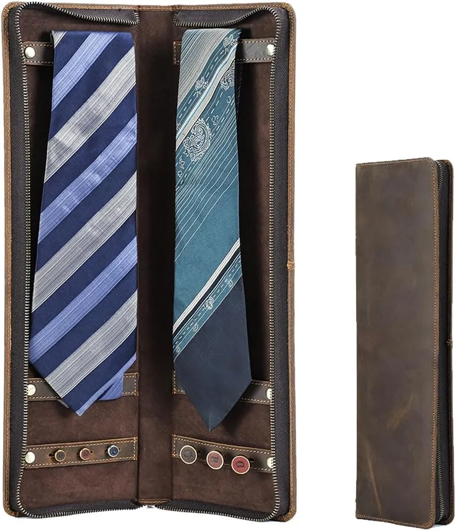 Ties Travel Case Leather Neckties Storage Box Formal Dress Accessories Anti Wrinkle Organizer for 2 Ties with Cufflinks Holder