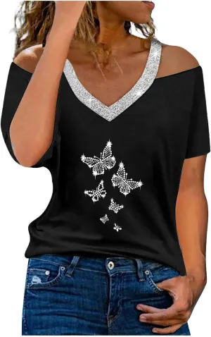 Tops for Women Fall Summer Short Sleeve Cold Shoulder Vneck Backless Halter Tops Shirt Blouses Women 2025 UT