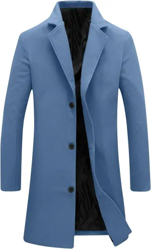 Trench Coat Men Single Breasted Wool Blend Coat Mid Length Pea Coat Notch Lapel Jacket Business Casual Overcoat