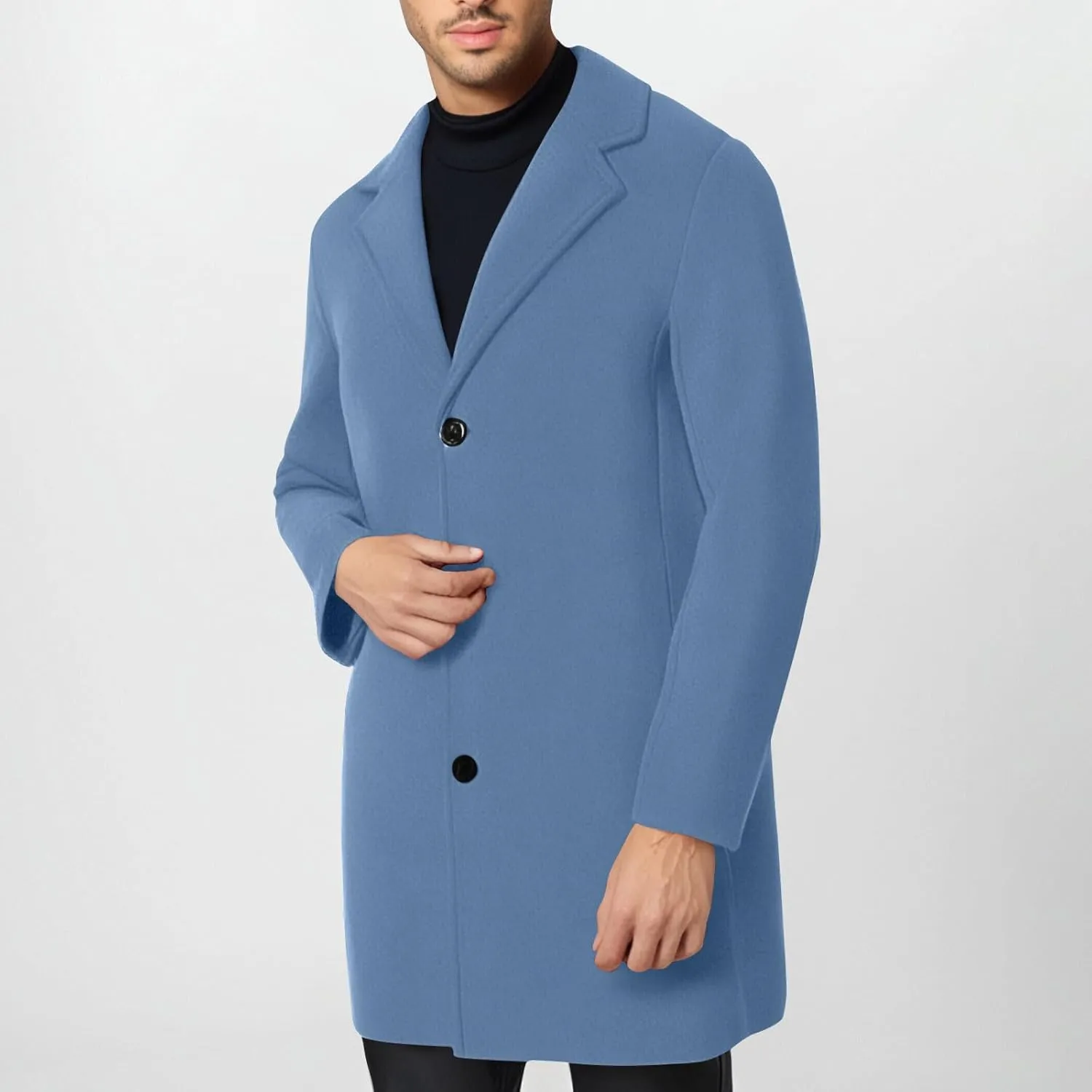 Trench Coat Men Single Breasted Wool Blend Coat Mid Length Pea Coat Notch Lapel Jacket Business Casual Overcoat