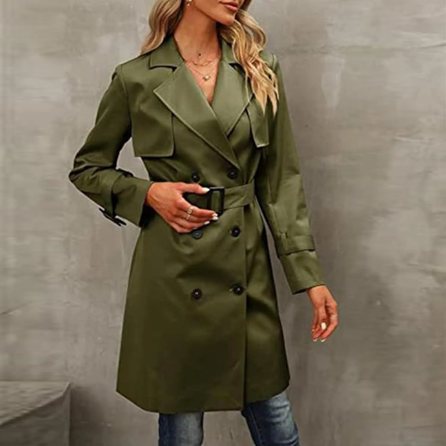 Trench Coat Women,2024 Classic Lapel Double Breasted Overcoat With Belted Elegant Trendy Mid-Length Fall Windbreaker