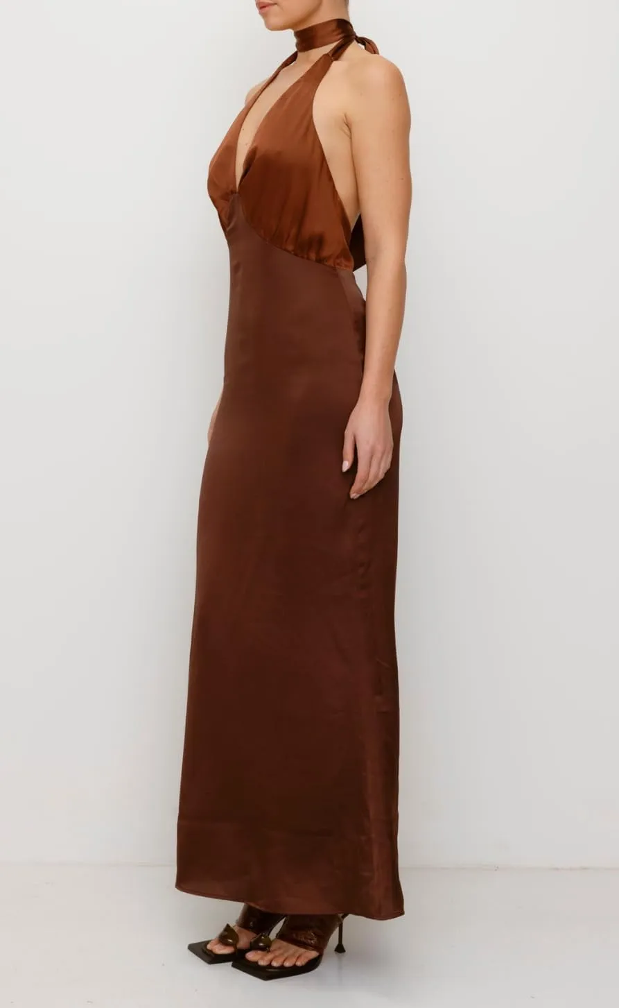 UAURORAO Women Silk Satin Maxi Dress Halter Tie Neck Backless Slip Dresses Sexy Halterneck Low Cut Party Evening Gown