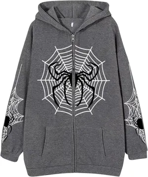 Unisex Spider Web Hoodies Jacket Halloween Zip Up Long Sleeve Y2K Tops Novelty Gothic Streetwear Oversized Sweatshirt