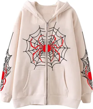Unisex Spider Web Hoodies Jacket Halloween Zip Up Long Sleeve Y2K Tops Novelty Gothic Streetwear Oversized Sweatshirt
