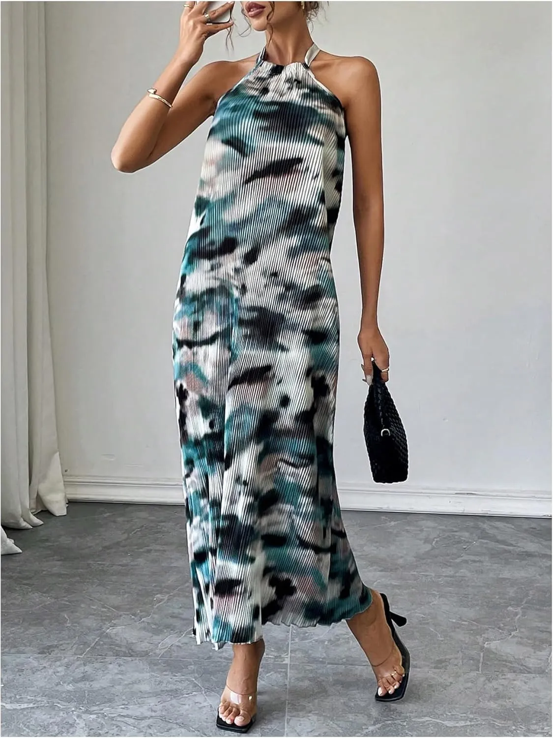 Verdusa Women's Casual Pleated Sleeveless Halter Dress Summer A Line Long Dress