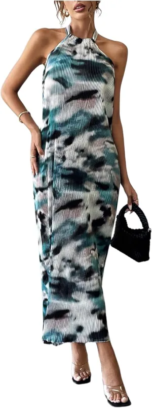 Verdusa Women's Casual Pleated Sleeveless Halter Dress Summer A Line Long Dress