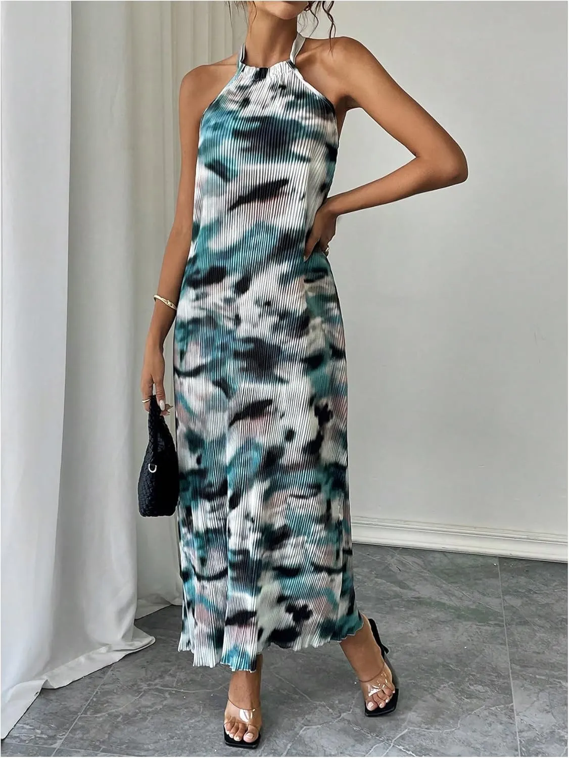 Verdusa Women's Casual Pleated Sleeveless Halter Dress Summer A Line Long Dress