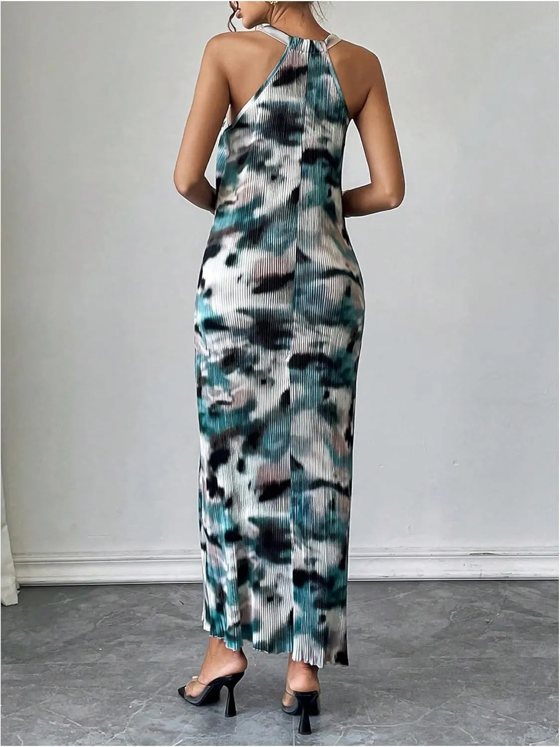 Verdusa Women's Casual Pleated Sleeveless Halter Dress Summer A Line Long Dress