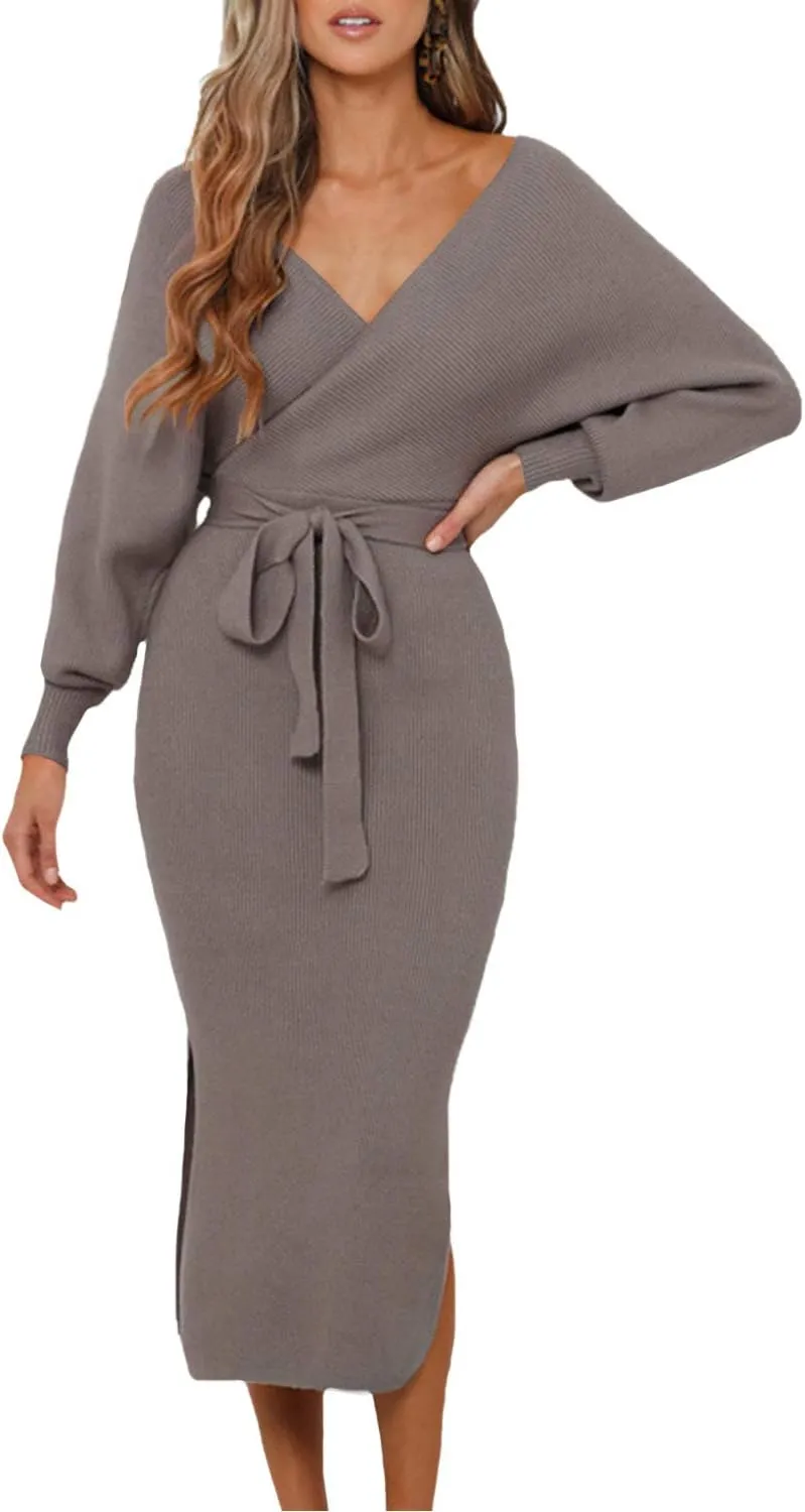 Viottiset Women's V Neck Long Batwing Sleeve Wrap Midi Knit Sweater Dress Elegant Backless with Belt Slit