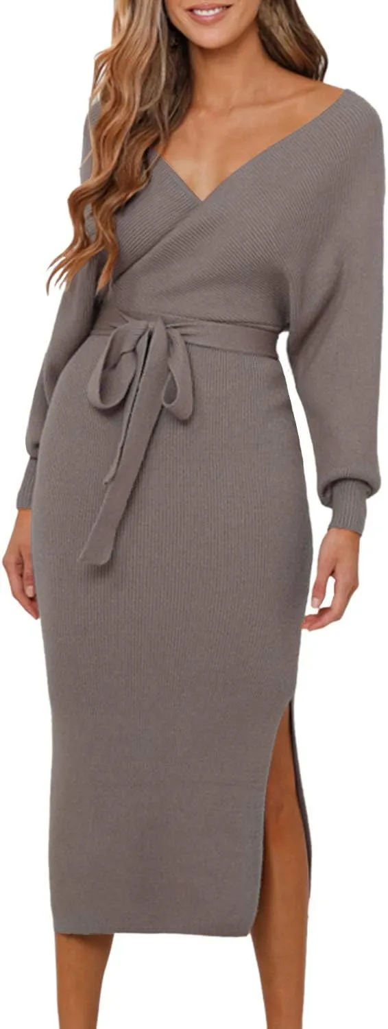 Viottiset Women's V Neck Long Batwing Sleeve Wrap Midi Knit Sweater Dress Elegant Backless with Belt Slit
