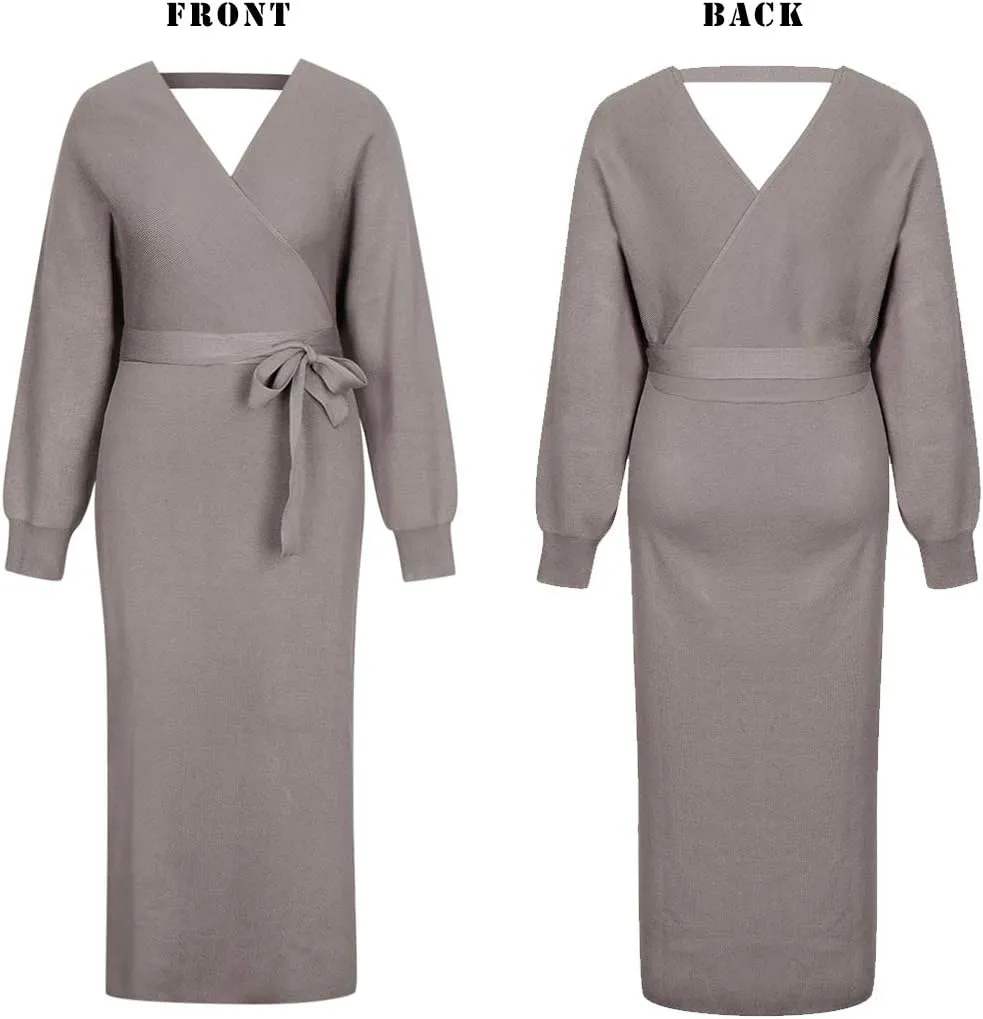 Viottiset Women's V Neck Long Batwing Sleeve Wrap Midi Knit Sweater Dress Elegant Backless with Belt Slit