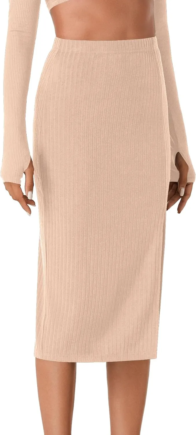 Vrtige Women's High Waist Stretchy Slit Slit Hem Ribbed Knit Bodycon Pencil Midi Skirt