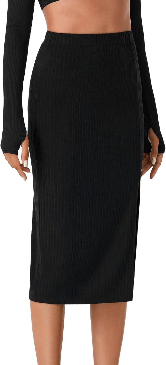 Vrtige Women's High Waist Stretchy Slit Slit Hem Ribbed Knit Bodycon Pencil Midi Skirt