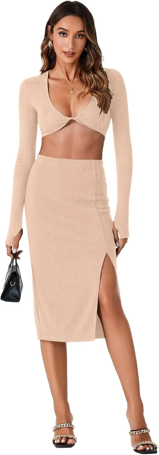 Vrtige Women's High Waist Stretchy Slit Slit Hem Ribbed Knit Bodycon Pencil Midi Skirt