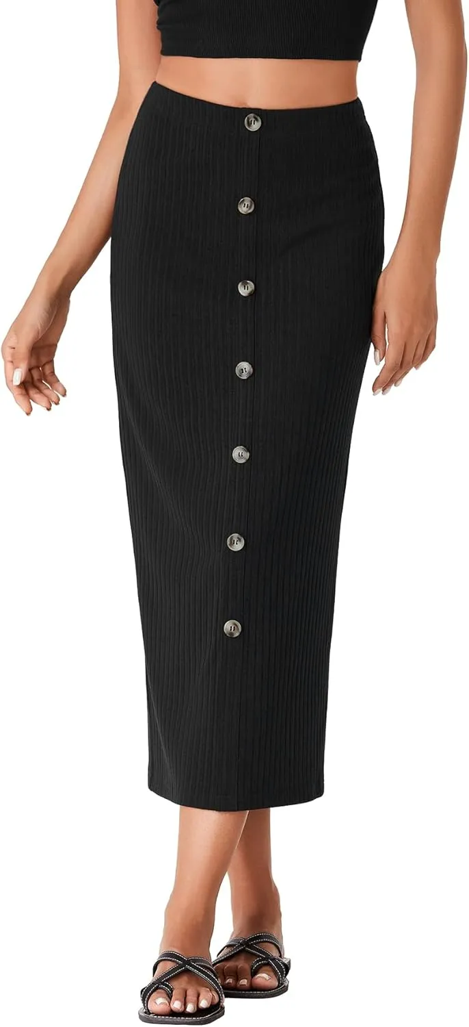 Vrtige Women's Stretchy Knit Pencil Skirt Elastic High Waist Button Split Bodycon Midi Skirt