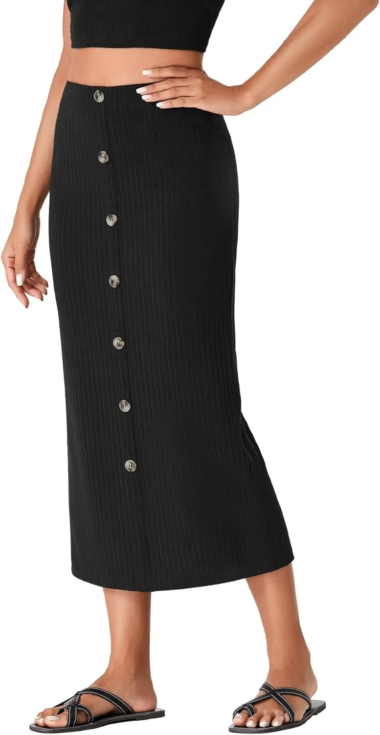 Vrtige Women's Stretchy Knit Pencil Skirt Elastic High Waist Button Split Bodycon Midi Skirt