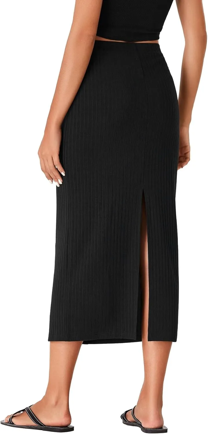 Vrtige Women's Stretchy Knit Pencil Skirt Elastic High Waist Button Split Bodycon Midi Skirt