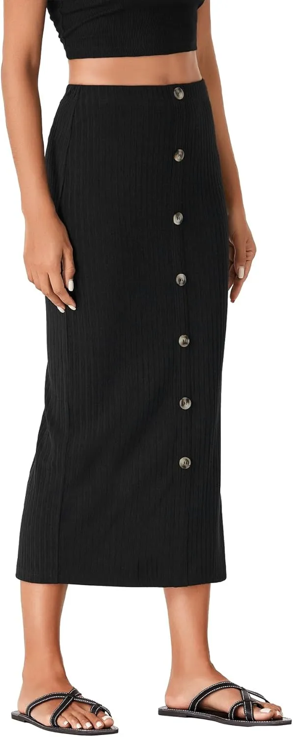 Vrtige Women's Stretchy Knit Pencil Skirt Elastic High Waist Button Split Bodycon Midi Skirt