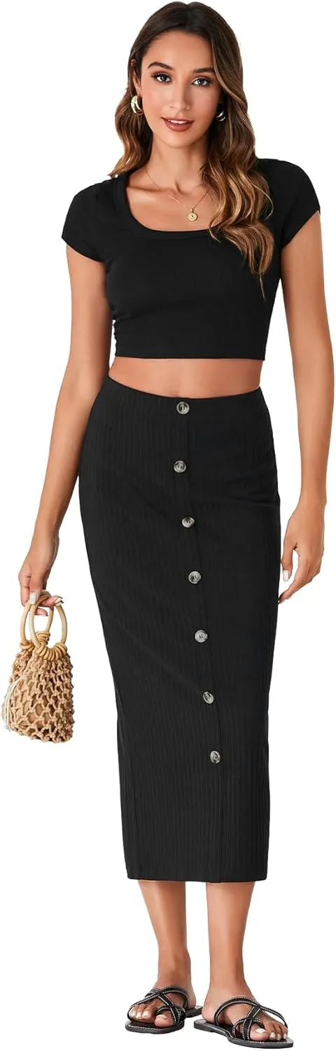 Vrtige Women's Stretchy Knit Pencil Skirt Elastic High Waist Button Split Bodycon Midi Skirt