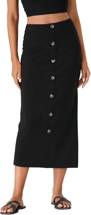 Vrtige Women's Stretchy Knit Pencil Skirt Elastic High Waist Button Split Bodycon Midi Skirt