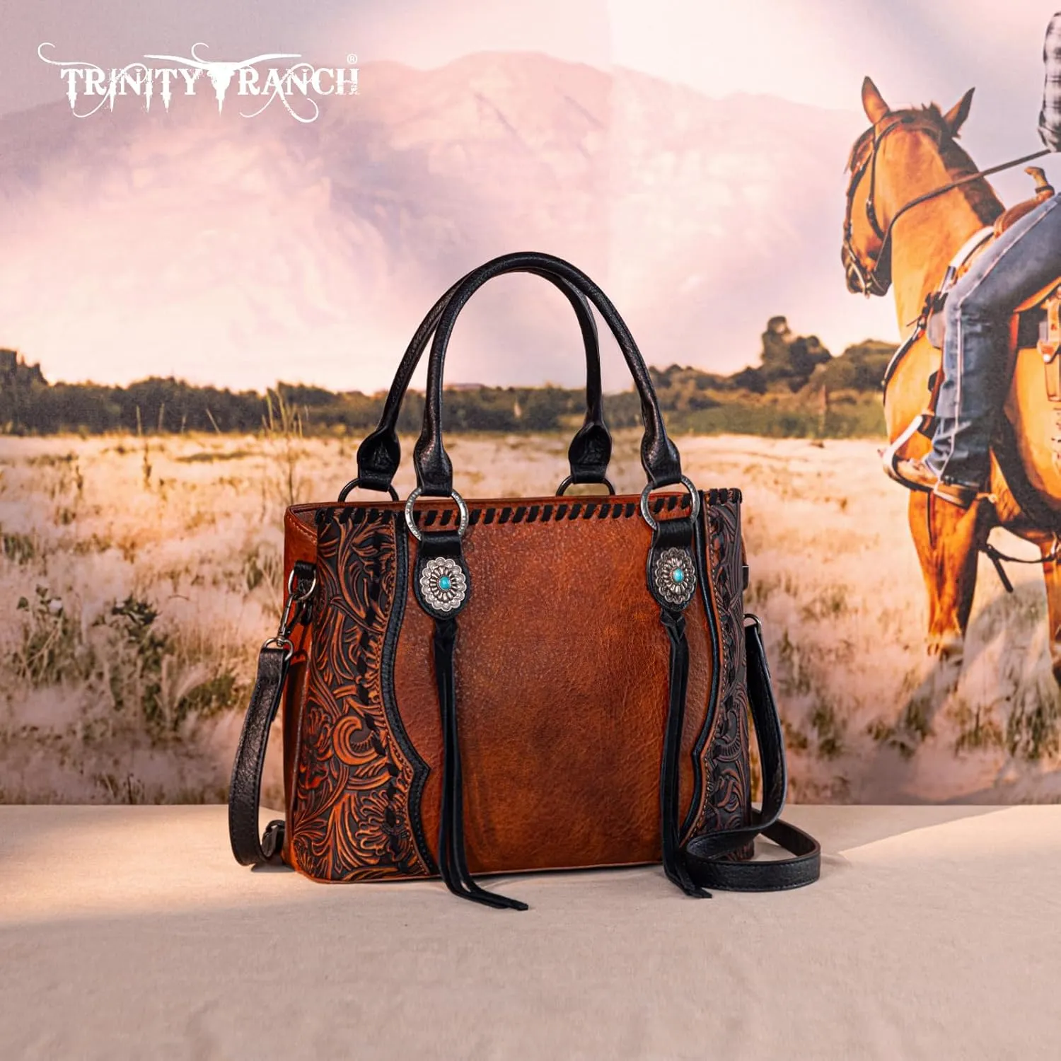 Western Tote Bag for Women Floral Tooled Concho Collection