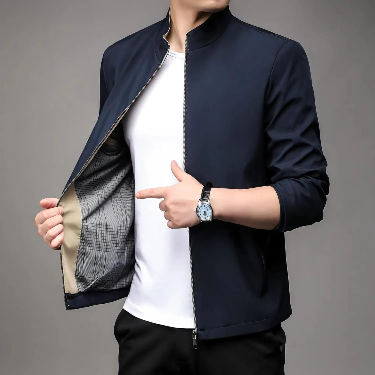 WOLONG Spring Autumn Men's Business Casual Jacket Solid Color Stand Collar Coat