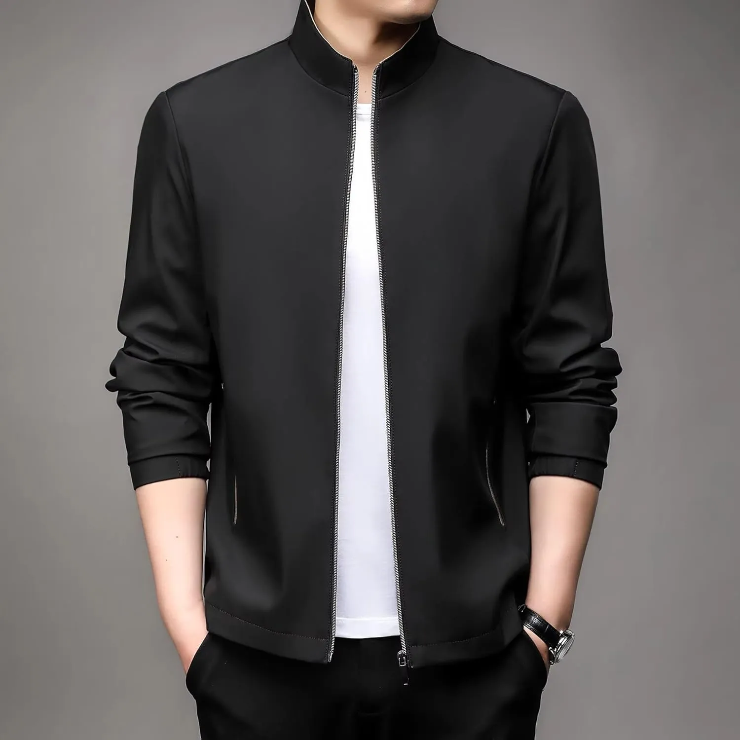 WOLONG Spring Autumn Men's Business Casual Jacket Solid Color Stand Collar Coat