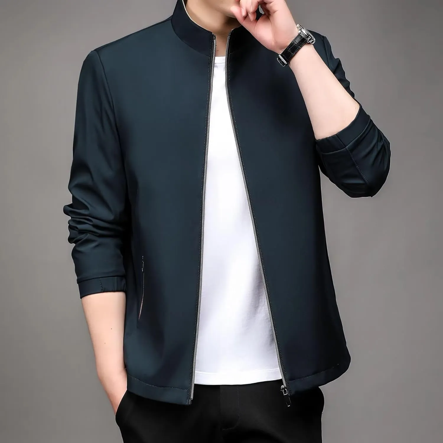 WOLONG Spring Autumn Men's Business Casual Jacket Solid Color Stand Collar Coat