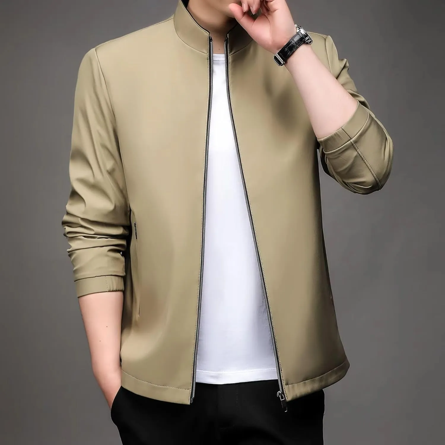 WOLONG Spring Autumn Men's Business Casual Jacket Solid Color Stand Collar Coat