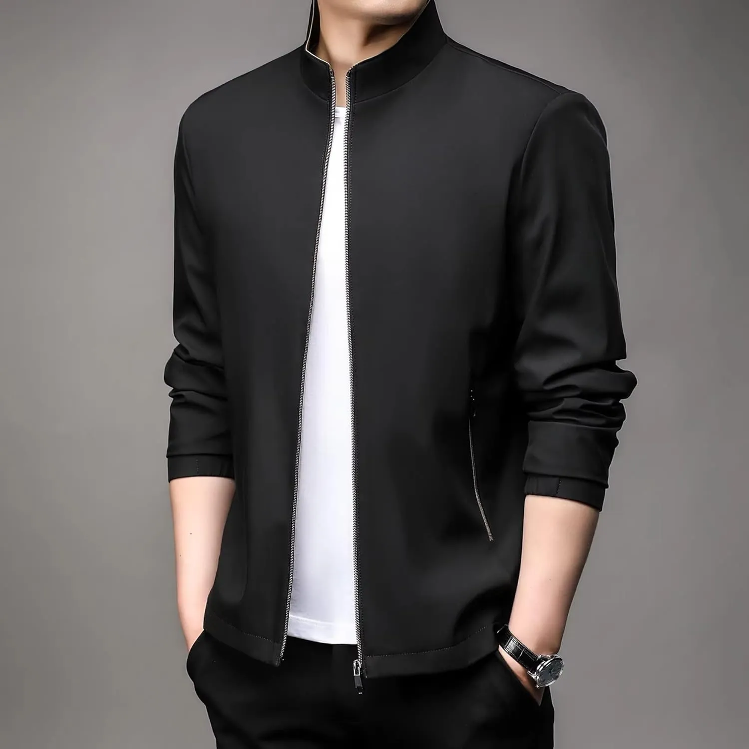 WOLONG Spring Autumn Men's Business Casual Jacket Solid Color Stand Collar Coat