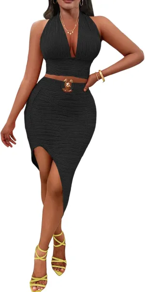 Women 2 Piece Outfits Dress Sexy Halter V Neck Crop Top and Bodycon Irregular Skirt Set Club Night Out Dresses